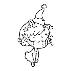 line drawing of a crying alien girl wearing santa hat