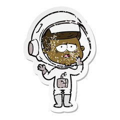 distressed sticker of a cartoon tired astronaut
