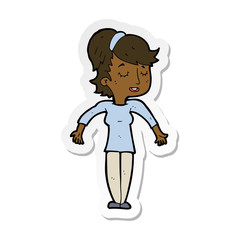 sticker of a cartoon friendly woman shrugging shoulders