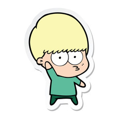 sticker of a nervous cartoon boy waving