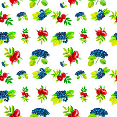 Abstract watercolor illustration of rosehip flowers and berries with leaves and black chokeberry. Isolated on white background.Seamless pattern