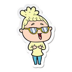 sticker of a cartoon happy woman wearing spectacles