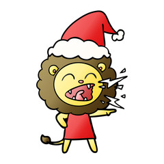gradient cartoon of a roaring lion girl wearing santa hat