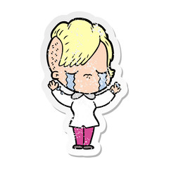 distressed sticker of a cartoon crying girl