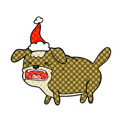 comic book style illustration of a dog barking wearing santa hat