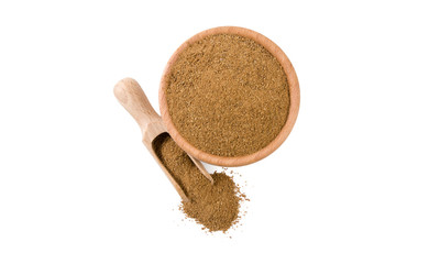 Ground or milled Caraway in wooden bowl and scoop isolated on white background. top view. Spices and food ingredients.