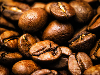 brown beans roasted coffee, background, macro