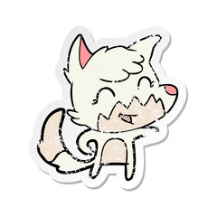distressed sticker of a happy cartoon fox