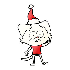 nervous dog in t shirt wearing santa hat