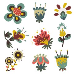 flat vector naive decorative fantasy flowers set