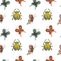Vector naive pattern with insects. Butterfly, bug.