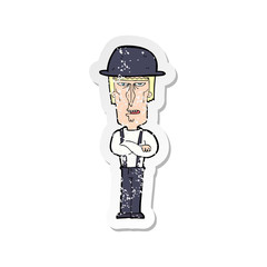 retro distressed sticker of a cartoon man wearing hat