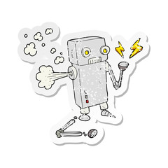 retro distressed sticker of a cartoon broken robot