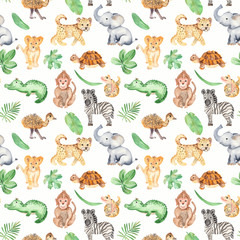 Watercolor pattern with cute cartoon animals of Africa. Texture for wallpaper, packaging, scrapbooking, textiles, fabrics, children's clothing and design.