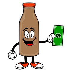 Chocolate Milk Mascot with a Dollar - A vector cartoon illustration of a Chocolate Milk Mascot holding a Dollar.