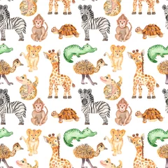 Tapeten Watercolor pattern with cute cartoon animals of Africa. Texture for wallpaper, packaging, scrapbooking, textiles, fabrics, children's clothing and design. © MarinaErmakova