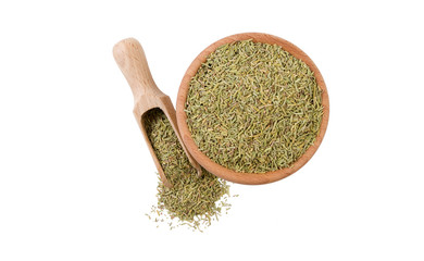 rosemary leaves  in wooden bowl and scoop isolated on white background. top view. Spices and food ingredients.
