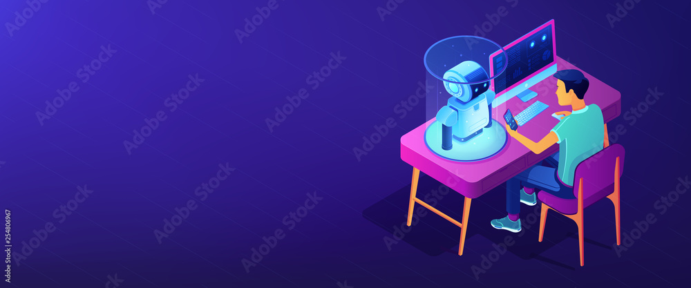 Poster robotics programming isometric 3d banner header.