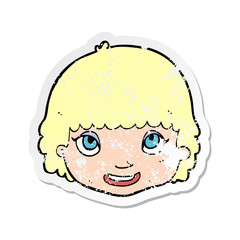 retro distressed sticker of a cartoon happy female face
