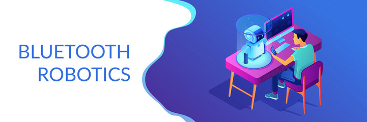 Robotics programming isometric 3D banner header.