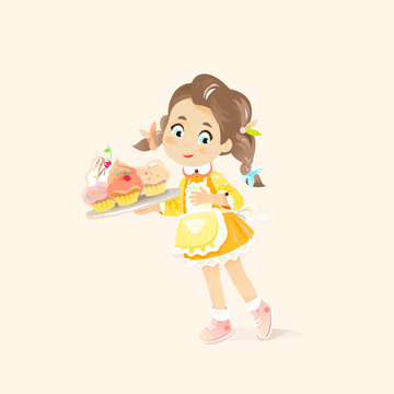 A cute little girl baker in apron holds cupcakes or muffins on the tray vector illustration