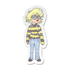 retro distressed sticker of a cartoon geeky girl