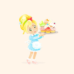 Cute Little Girl in a Apron Holds Desserts Baking Cupcakes or Muffins on a Tray vector isolated illustration