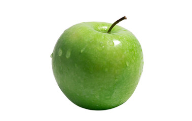 Green granny smith Apple with water drops. Isolated on white.