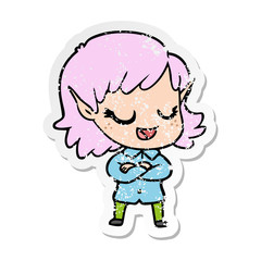 Obraz premium distressed sticker of a happy cartoon elf girl