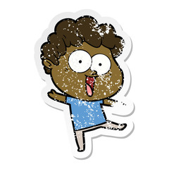 distressed sticker of a cartoon happy man