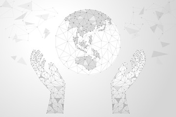 Abstract polygonal background design for business and technology. Polygon earth and hands vector illustration.