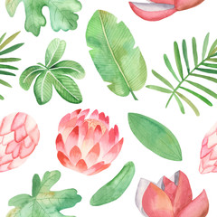 Watercolor seamless pattern with tropical plants and flowers. Texture for wallpaper, packaging, scrapbooking, textiles, fabrics, wedding design.