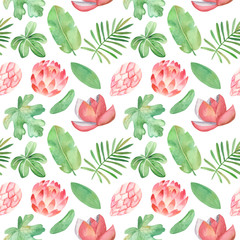 Watercolor seamless pattern with tropical plants and flowers. Texture for wallpaper, packaging, scrapbooking, textiles, fabrics, wedding design.