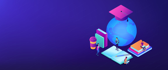 Global online education isometric 3D banner header.