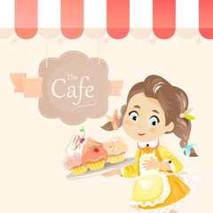 A cute little girs holds cupcakes or muffins on the tray and stands under awning of cafe vector illustration