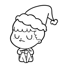 line drawing of a grumpy boy wearing santa hat