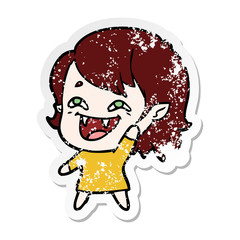 distressed sticker of a cartoon laughing vampire girl