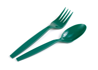 Fork and spoon, kitchenware plastic on white background