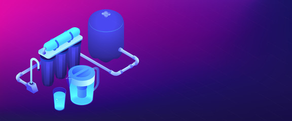 Water filtering system isometric 3D banner header.