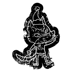 friendly cartoon distressed icon of a wolf giving peace sign wearing santa hat