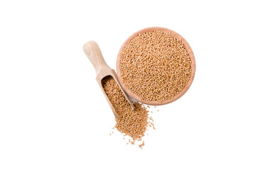 white mustard in wooden bowl and scoop isolated on white background. top view. Spices and food ingredients.