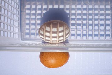 Duck egg and Chicken egg in white plastic basket on white background, Light & Shadow Concept