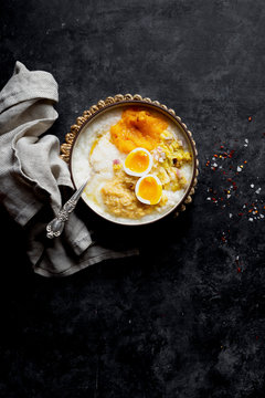 Indian comfort food - boiled rice, mashed pumpkin and potato, boiled lentil and 7-minutes egg.