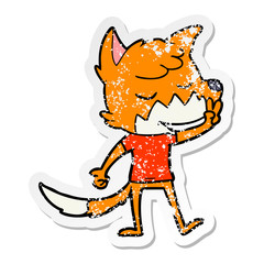 distressed sticker of a friendly cartoon fox