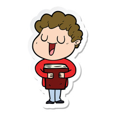 sticker of a laughing cartoon man with book