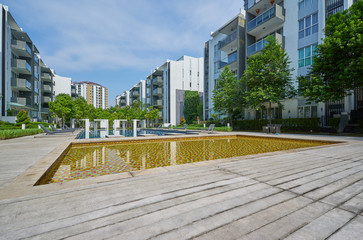 Plakat Modern residential buildings with outdoor facilities, Facade of new low-energy houses .