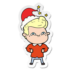 sticker cartoon of a excited man wearing santa hat