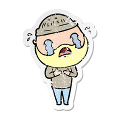 distressed sticker of a cartoon bearded man crying