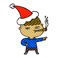 comic book style illustration of a man smoking wearing santa hat