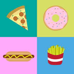 Set of fastfood flat design on square background. Pizza, hot dog, donut and french fries